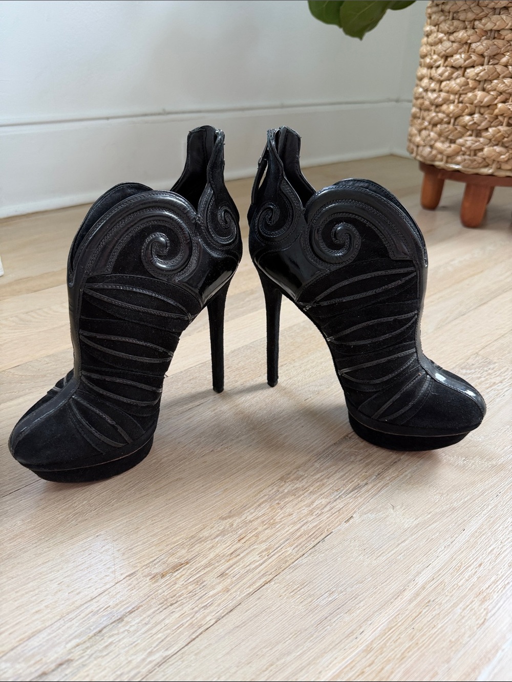 B Brian Atwood Black Sculptural Swirl Platform Ankle Booties